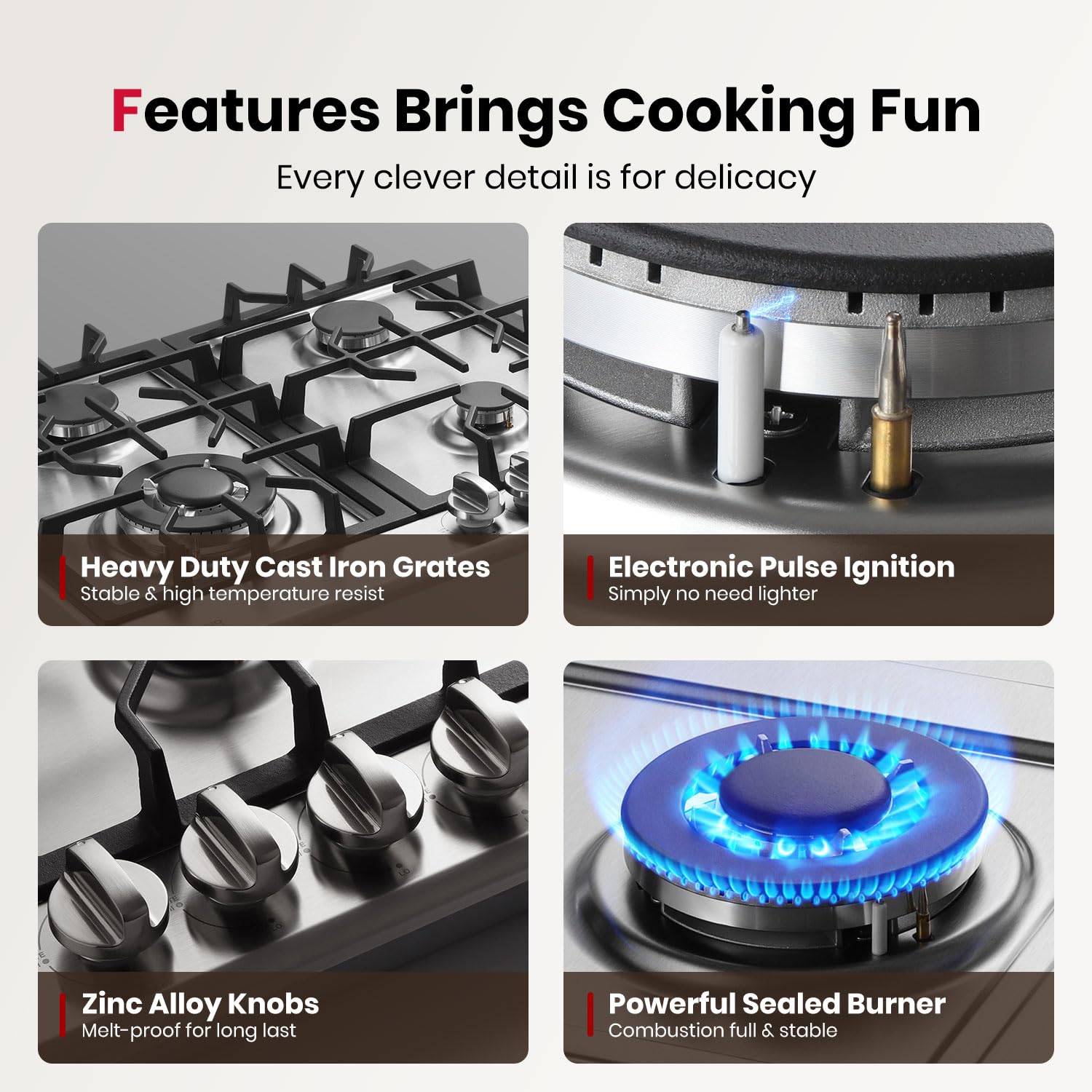 GASLAND 24 Inch Gas Cooktop 4 Burners GH60SFA Built-in Propane Stainless Steel Stove Top with Thermocouple Protection, LPG/NG Convertible Dual Fuel Natural Gas Hob, Stainless Steel