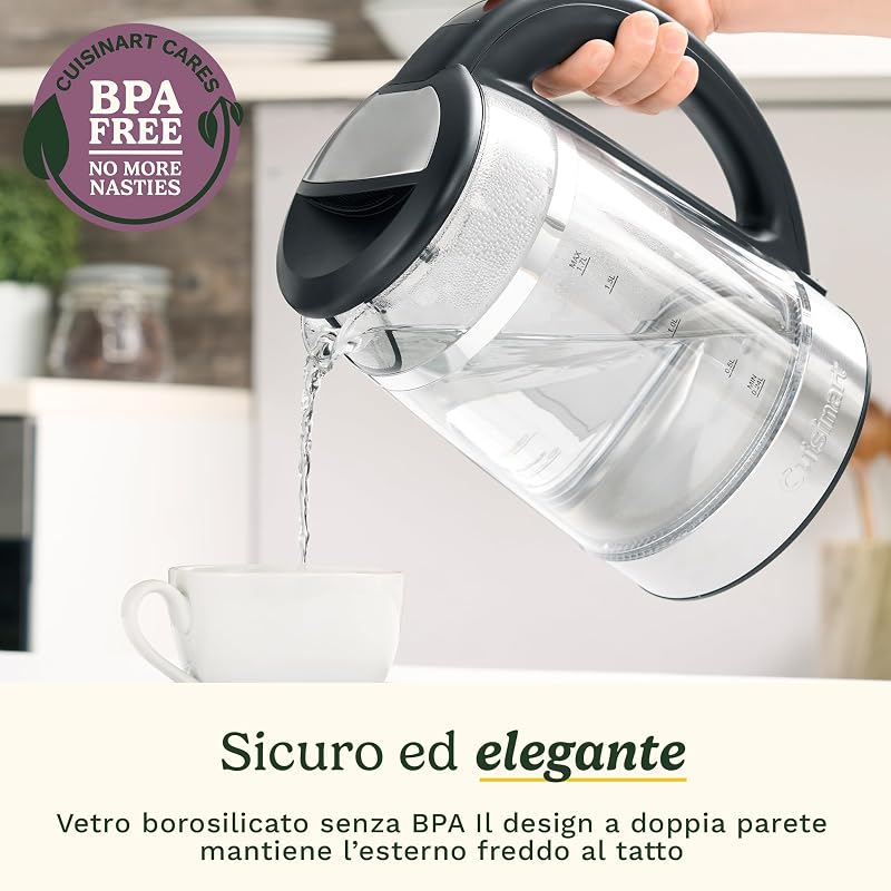 Bollitore in vetro 1,7 L con controllo temperatura variabile, ebollizione rapida 3 kW, design doppia parete, beccuccio antigoccia, base girevole 360°, touch screen, senza BPA
