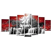 XLarge 7 Pieces Black and Red Waterfall Canvas Wall Art Nature Forest Picture Prints Framed and Stretched Painting for Modern Living Room Office Decorations 70x32 inch