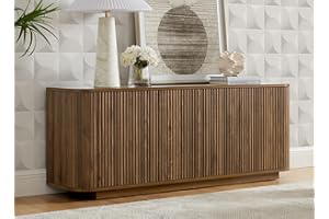 LKTART 64" Sideboard Buffet Cabinet with Storage, Wooden Fluted Storage Cabinet Sideboard Credenza with Adjustable Shelves Pressed Spring for Kitchen Living Room (Walnut)