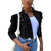 Omoone Women's Ripped Puff Sleeve Denim Crop Top Long-Sleeve Cropped Jean Jacket