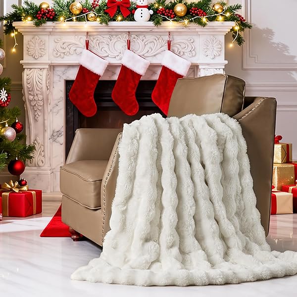 LOTUS KAREN FAUX FUR THROW BLANKET CREAM WHITE – BIG BUBBLE RABBIT FLUFF BLANKET FOR COUCH, SMALL FLUFFY FUZZY COZY BLANKET, THICK FURRY PLUSH SHAGGY BLANKETS, 50X60 INCHES
