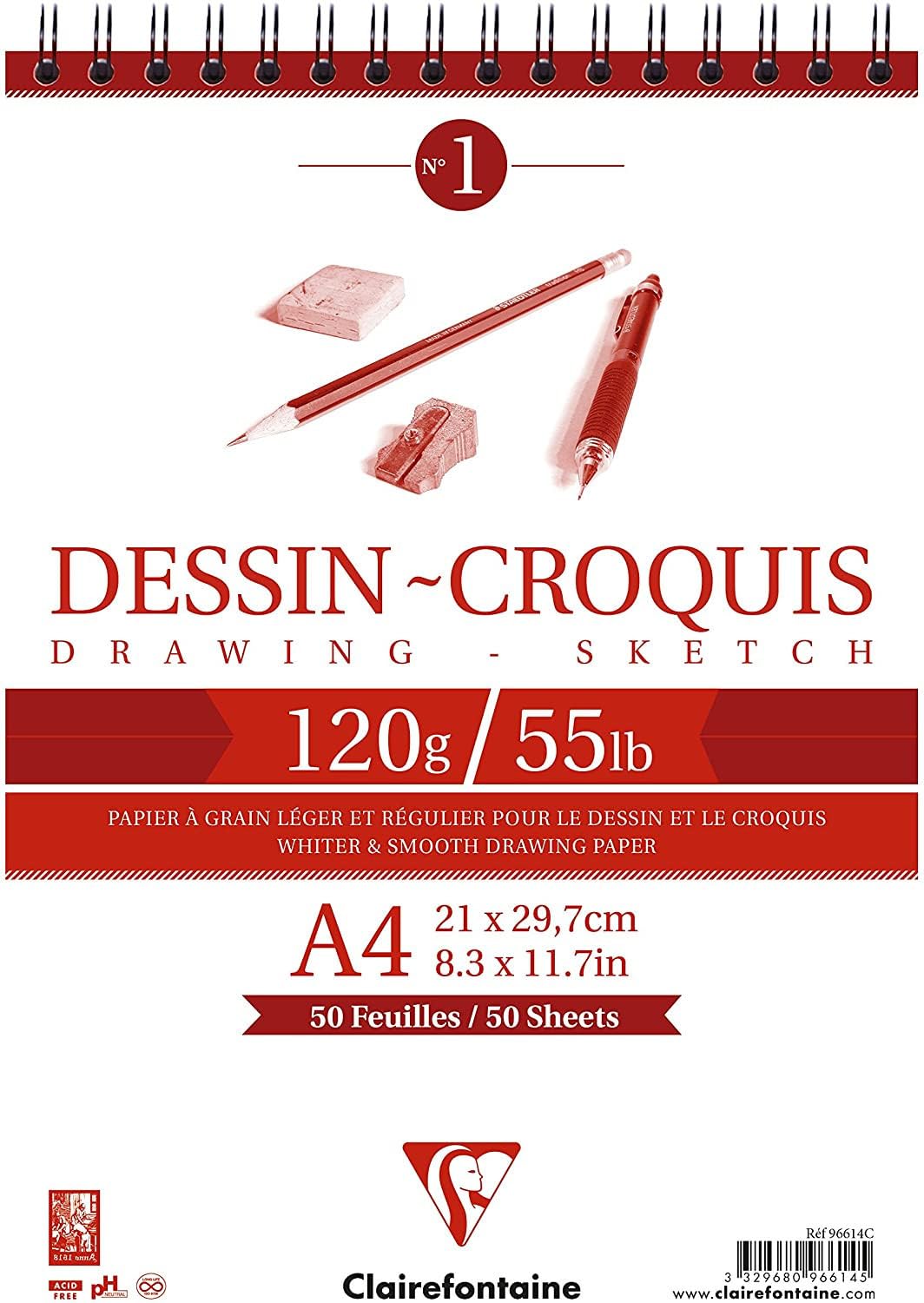 Clairefontaine - Ref 96614C - Wirebound White Drawing Sketch Pad (50 Sheets) - A4 Sized, 120gsm Paper, White & Smooth Drawing Paper, Acid Free, pH Neutral