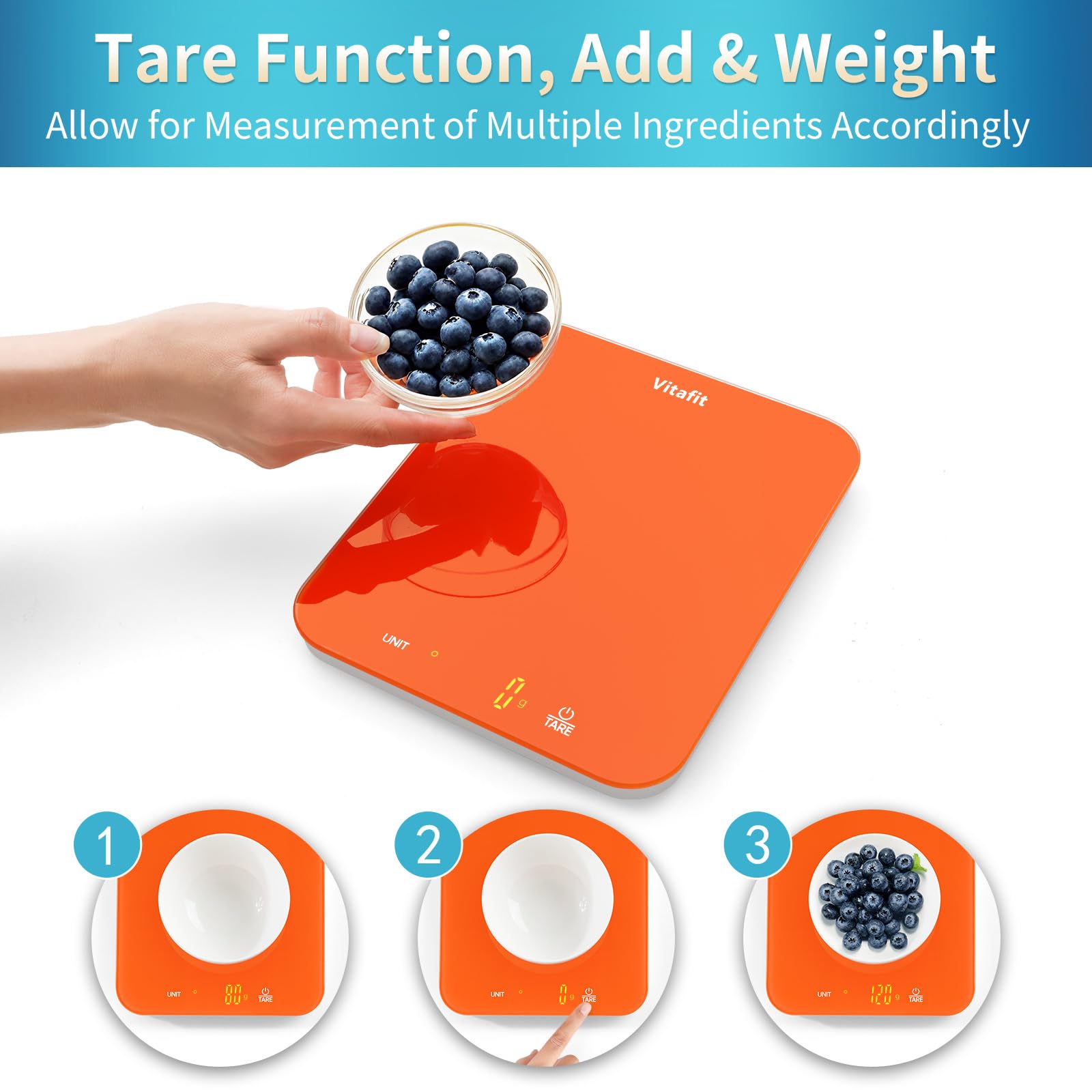 Vitafit 33lb/15kg Digital Food Scale in High Precision 0.1oz/1g, Our Own Kitchen Scale Professional Factory Since 2001, Kitchen Essentials for Cooking & Baking, LED, 3*AAA Battery, Refreshing Orange