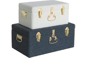 HofferRuffer Velvet Storage Trunk with wood Frame, Set of 2 bedroom Storage Chest with Handles, Organizer Decorative Box Hinged Lid with Gold Hardware Accents (CreamWhite/DarkBlue)