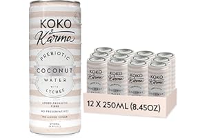 Koko & Karma – Prebiotic Coconut Water with Lychee – All Natural with No Added Sugars, Pure Coconut Water & Lychee Juice – 12 Pack - 8.45 Ounce Cans