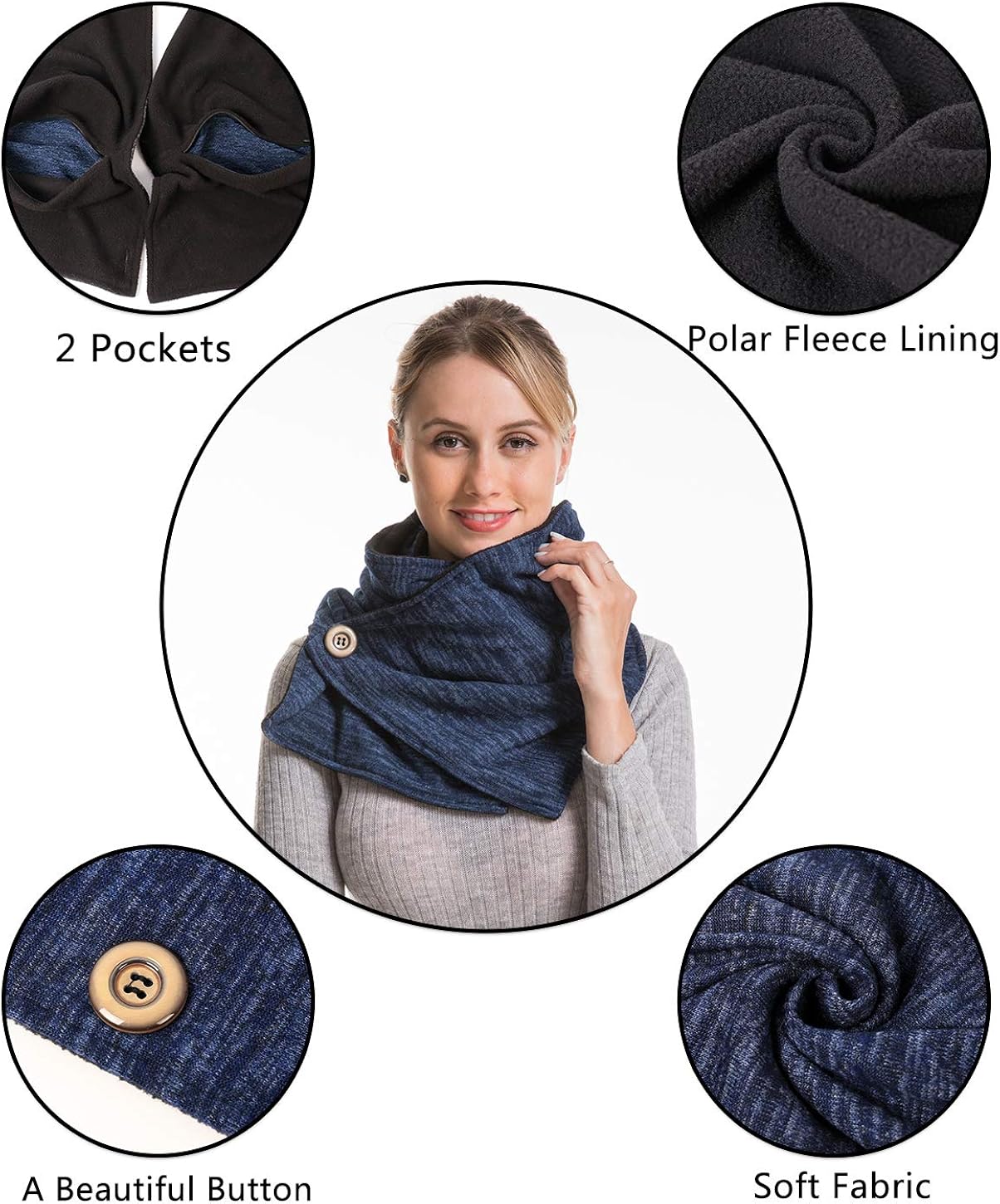 Fuzzy Fluffy Jersey Outside Soft Warm Fleece Inside Travel Scarf with 2