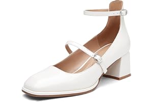 NEWBELLA Women's Patent Leather Mary Jane Pumps - Square Toe Block Heel Dress Shoes with Double Adjustable Buckle Straps for 