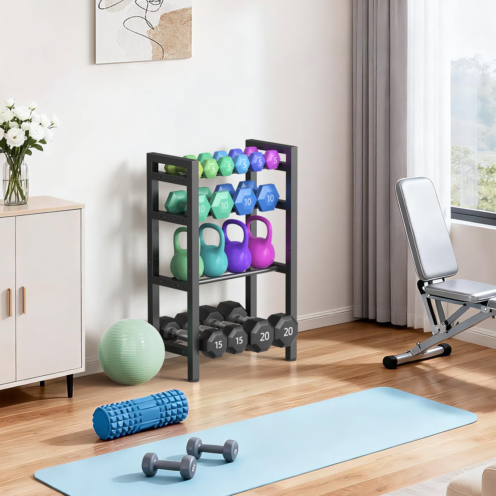Condition photo showing New/Like New for dumbbell rack, 4-tier weight rack, weight rack for home gym, adjustable kettlebell storage rack, heavy-duty weight holder, dumbbell stand organizer (rack only) short