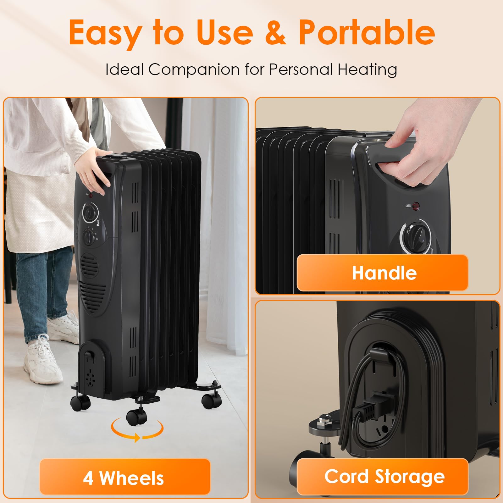 Oil Heater, 1500W Air Choice Electric Portable Space Heaters with 3 Heat Settings, Overheat & Tip-Over Protection, Adjustable Thermostat, Quiet Oil Filled Radiator Heater for Indoor Use, Home, Office