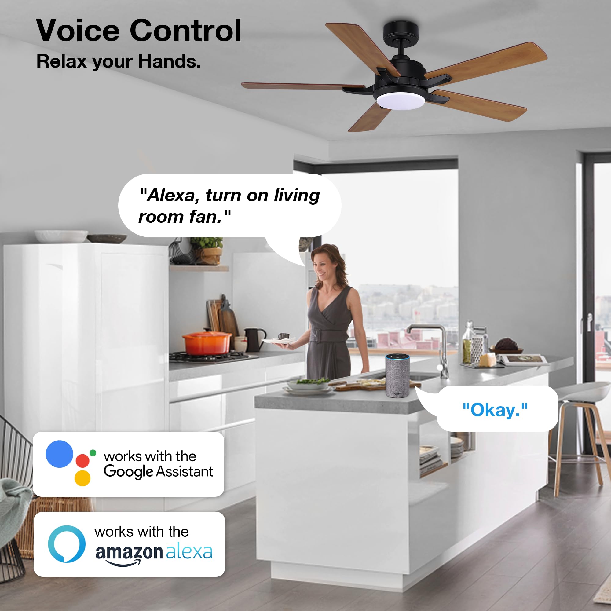 52” Smart Ceiling Fans with Lights and Remote,Quiet DC Motor,Outdoor Indoor Wood& Black Ceiling Fan,Voice Control via WIFI Alexa App,Modern Dimmable LED Ceiling Fan for Bedroom Patio Porch