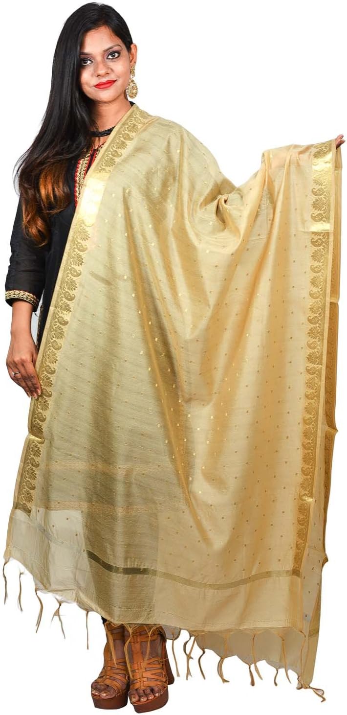 Indian Fashion Dupatta Golden Dots With Floral Border Scarf Chanderi Chunni Hijab For Girls Women's