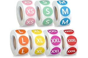 Misofuki 3500 Pcs 7 Rolls 7 Sizes 7/8 Inch Clothing Size Stickers, Colorful Coded Round Self Adhesive Apparel Size Labels for Clothing T Shirts Trousers Skirt Retail (XS,S,M,L,XL, XXL,XXXL)