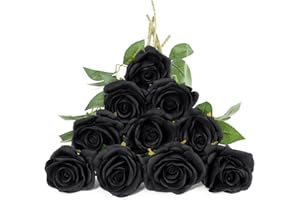 DuHouse 10pcs Fake Black Roses Artificial Silk Flowers Faux Rose Flower Long Stems Bouquet for Arrangement Wedding Centerpiece Halloween Party Home Kitchen Decor (Black)