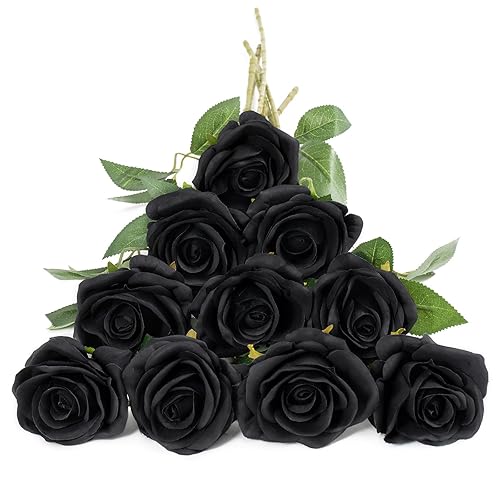 DuHouse 10Pcs Artificial Roses Fake Silk Flowers Realistic Bridal Bouquets with Single Long Plastic Stems for Arrangement Wedding Table Centerpiece Party Home Decor (Black)