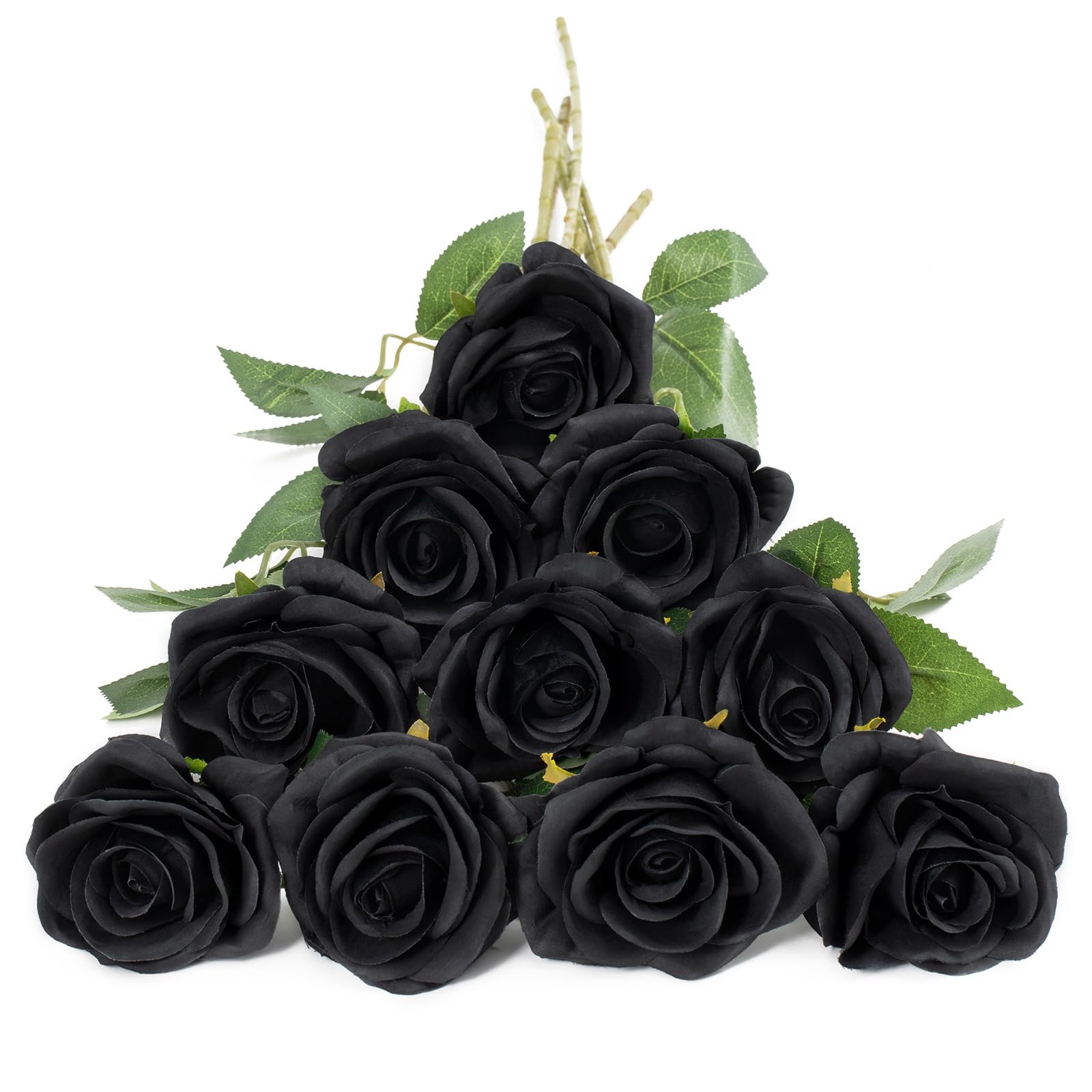 DuHouse 10Pcs Artificial Roses Fake Silk Flowers Realistic Bridal Bouquets with Single Long Plastic Stems for Arrangement Wedding Table Centerpiece Party Home Decor (Black)