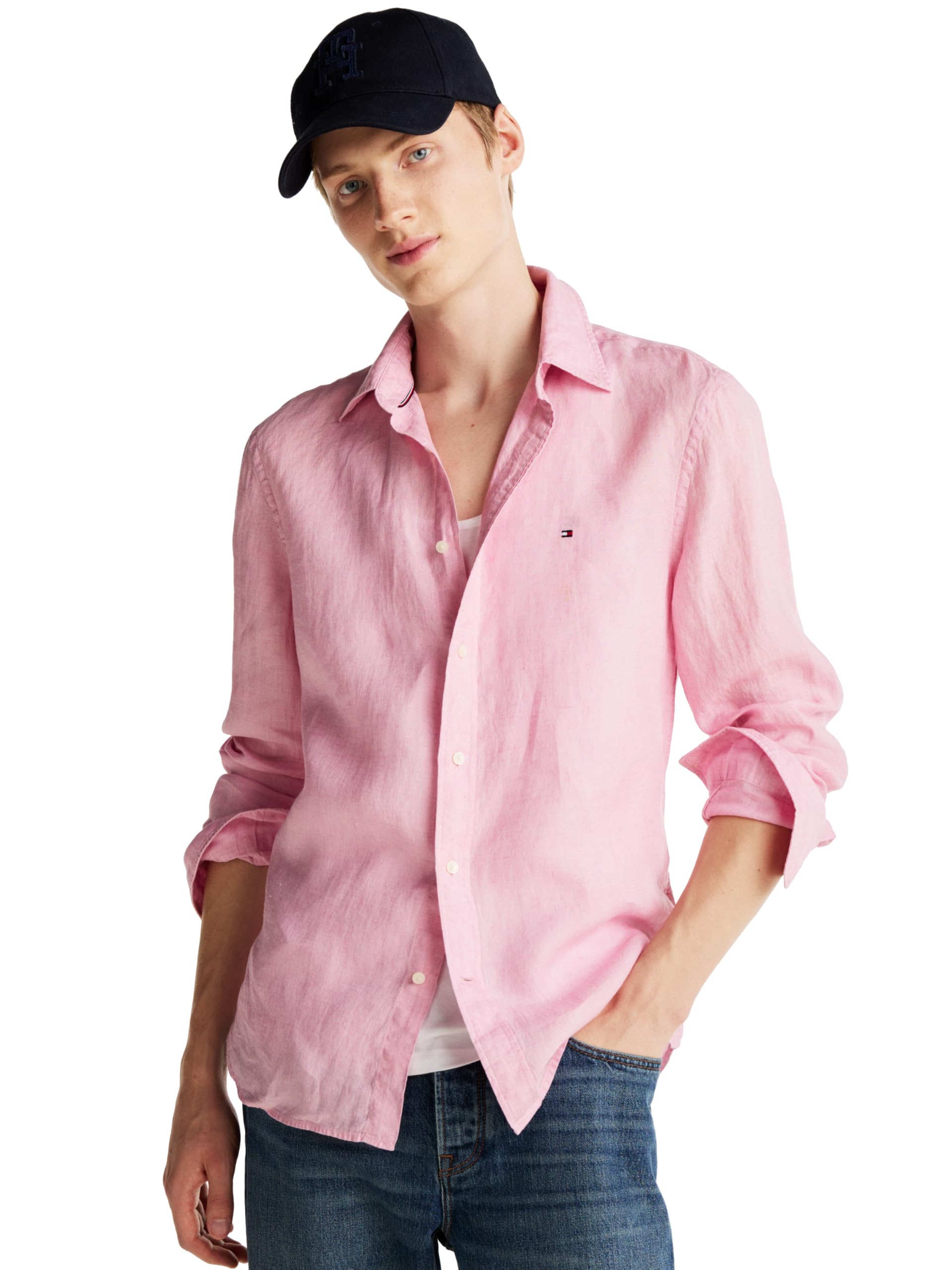 Tommy Hilfiger Men’s Pigment Dyed Linen Regular Long Sleeve Shirts Classic Pink