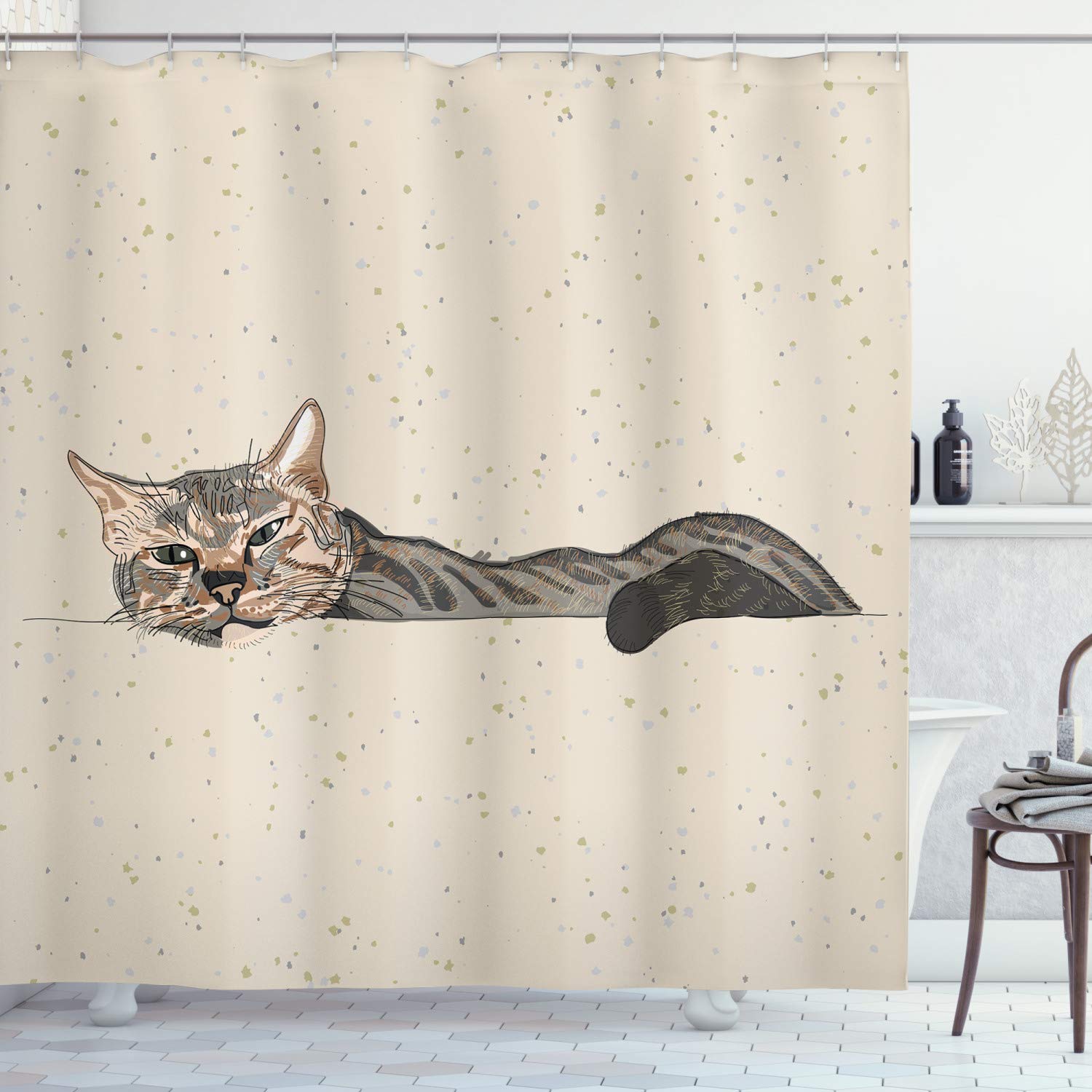 ABAKUHAUS Cat Shower Curtain, Lazy Sleepy Cat in Earth Tones Furry Mascot Indoor Pet Art Illustration, Cloth Fabric Bathroom Decor Set with Hooks, 175 x 220 cm, Beige Gray
