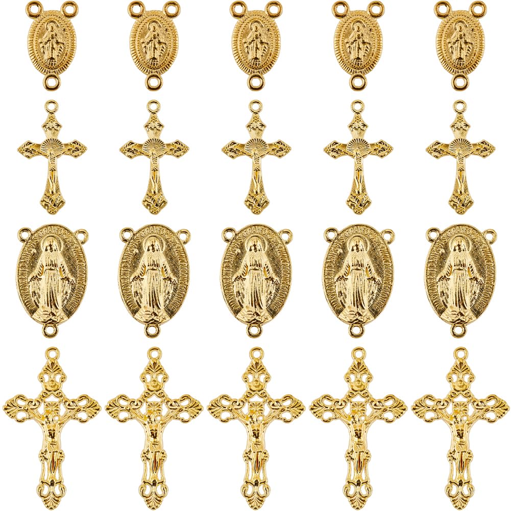 SUNNYCLUE 1 Box 40Pcs 4 Styles Gold Rosary Charm Rosary Cross Charms Easter Crucifix Oval Chandelier Links Findings Holiday Connector Charm for jewellery Making Charms Supplies DIY Necklaces Crafts