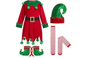 AWIBMK Kids Girls Elf Christmas Costume Sequins Dress With Stockings Shoes Cover Santa Hat Xmas Holiday Party Outfits 4PCS