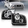 AmeriLite Black Dual Intense LED Halos Projector Replacement Headlights Pair For 2005-2009 Ford Mustang - Driver and Passenger Side