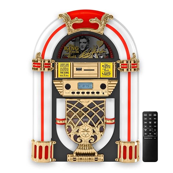 ARKROCKET ATHENA MINI JUKEBOX/TABLETOP CD PLAYER/BLUETOOTH SPEAKER/RADIO/USB AND SD CARD PLAYER WITH RETRO LED LIGHTING SYSTEM (BLACK GOLDEN)