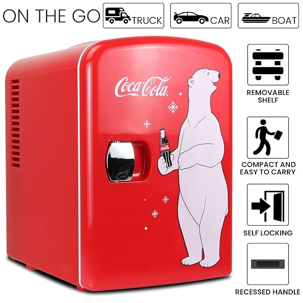 COCA-COLA 12V PORTABLE 4L COOLER/WARMER, AC/DC POWERED, POWER CORDS INCLUDED, COMPACT TRAVEL SPEAKER AND PERSONAL MINI-FRIDGE, UNIQUE GIFT FOR MUSIC-LOVERS