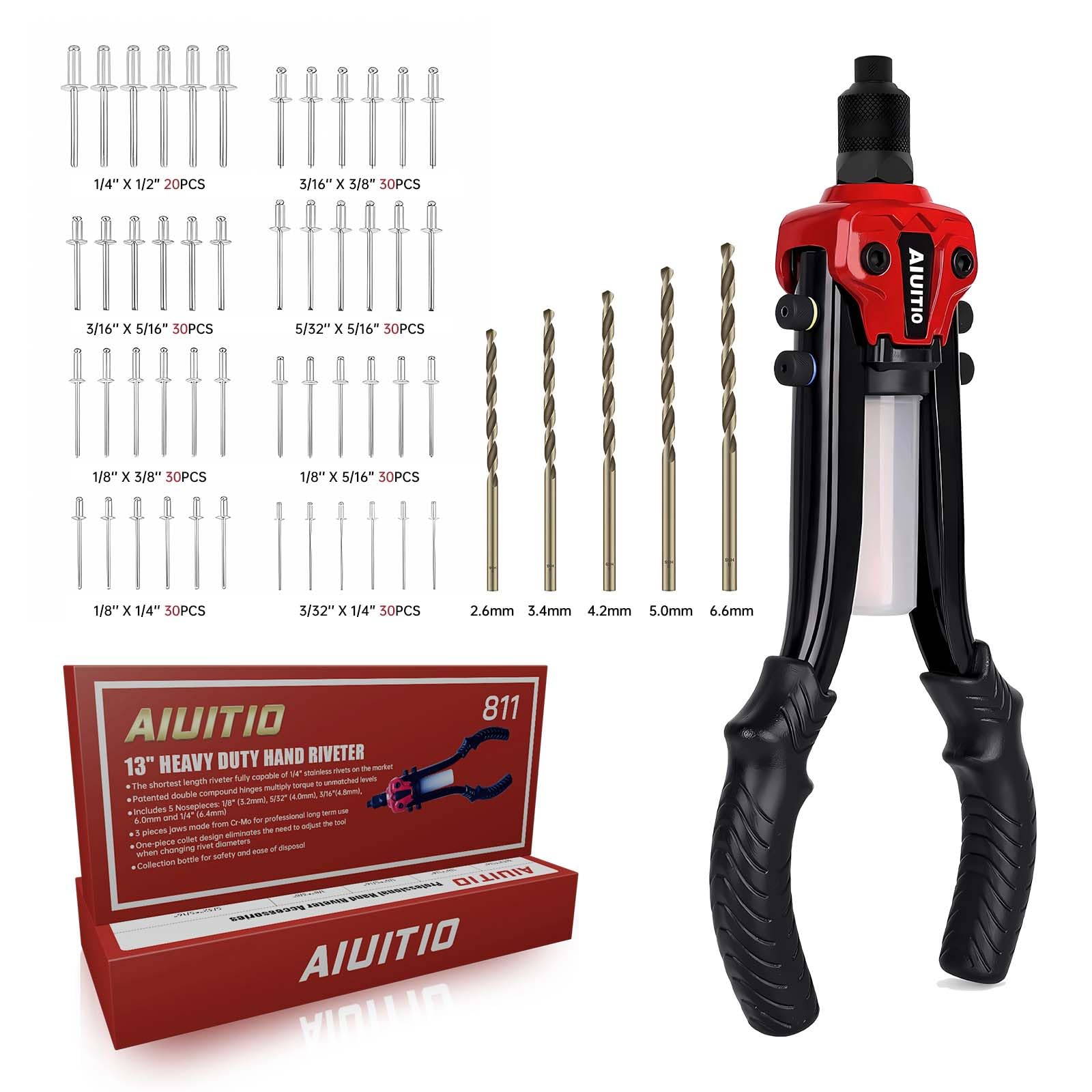 Photo 1 of AIUITIO Rivet Gun Kit, 1/4" Pop Rivet Gun with 230 Rivets & 5 Drill Bits, 13" Heavy Duty Two-Handed Riveter Tool Set with Detachable Container for Van, Gutter & Automotive