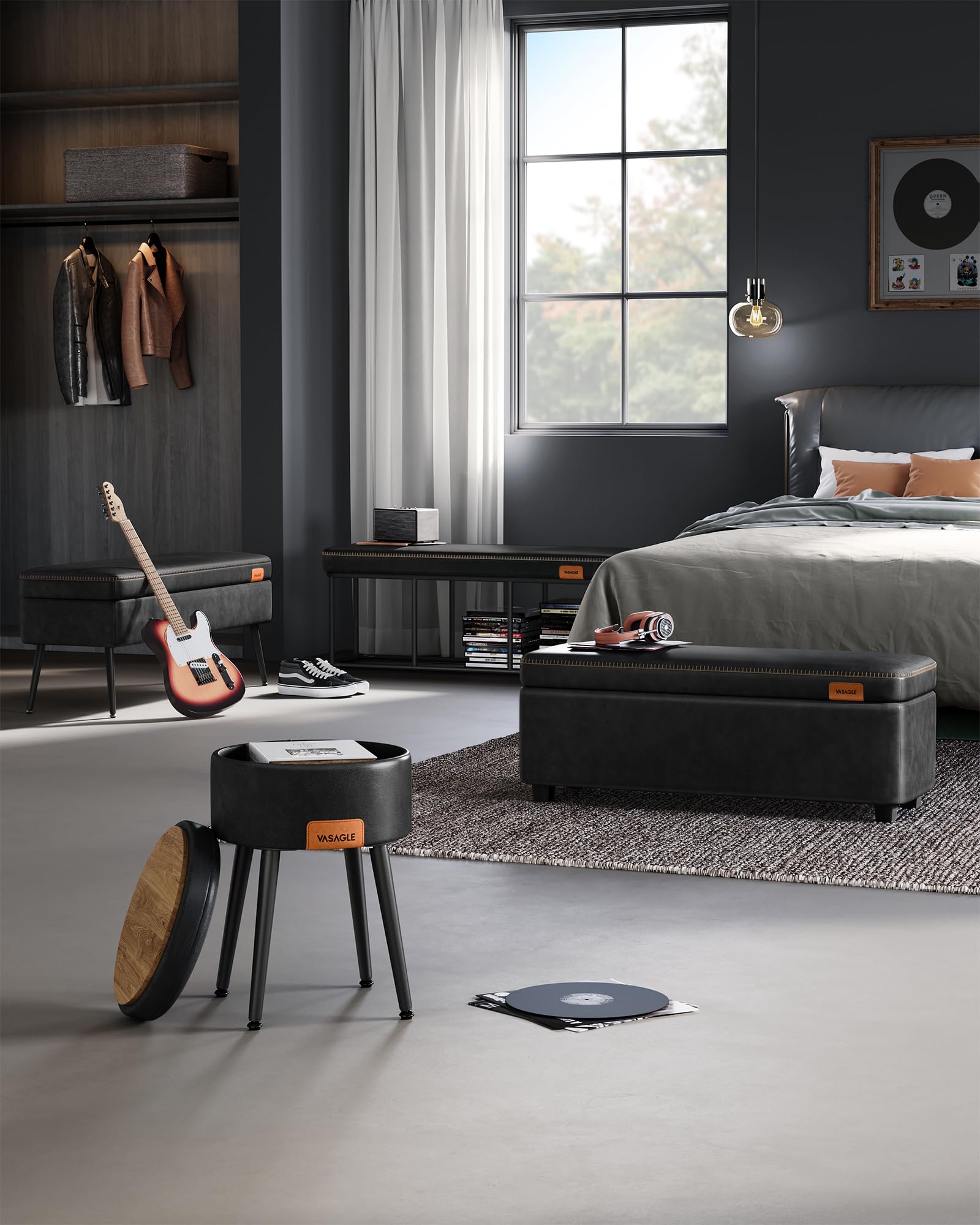 VASAGLE EKHO Collection - Storage Ottoman Bench, Entryway Bedroom Bench, 25 Gallons, Synthetic Leather with Stitching, Mid-Century Modern, Safety Hinges, Loads 660 lb, Ink Black ULOM075B01 - Image 6