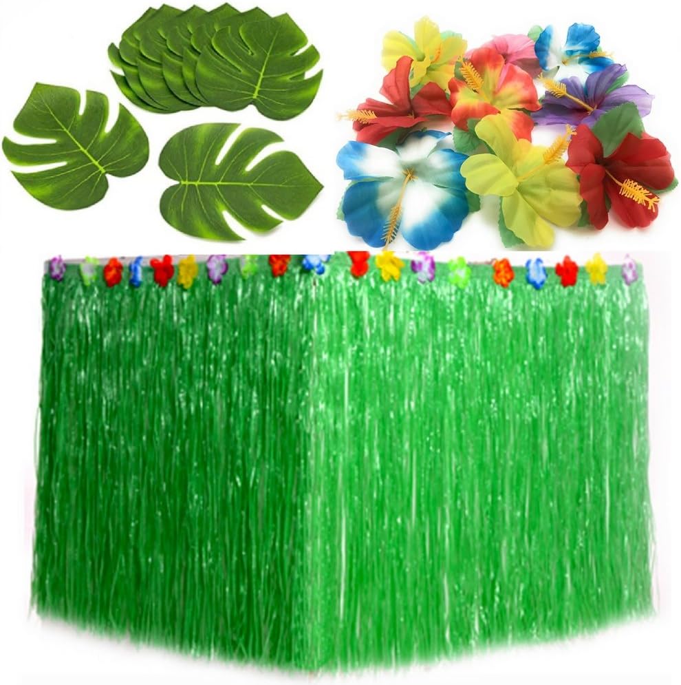 Luau Party Supplies. Table Decorations Bundle of 1 Green Hula Grass Table Skirt + 24 Hibiscus Flowers + 12 Tropical Leaves. Hawaiian, Maui, Island, Moana Themed Birthday Party Supplies (1, Green)