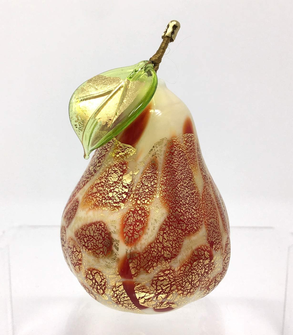 Murano Glass Fruit, Blown Spotted Ivory Pear with Gold Foil, Made in Italy, 3"