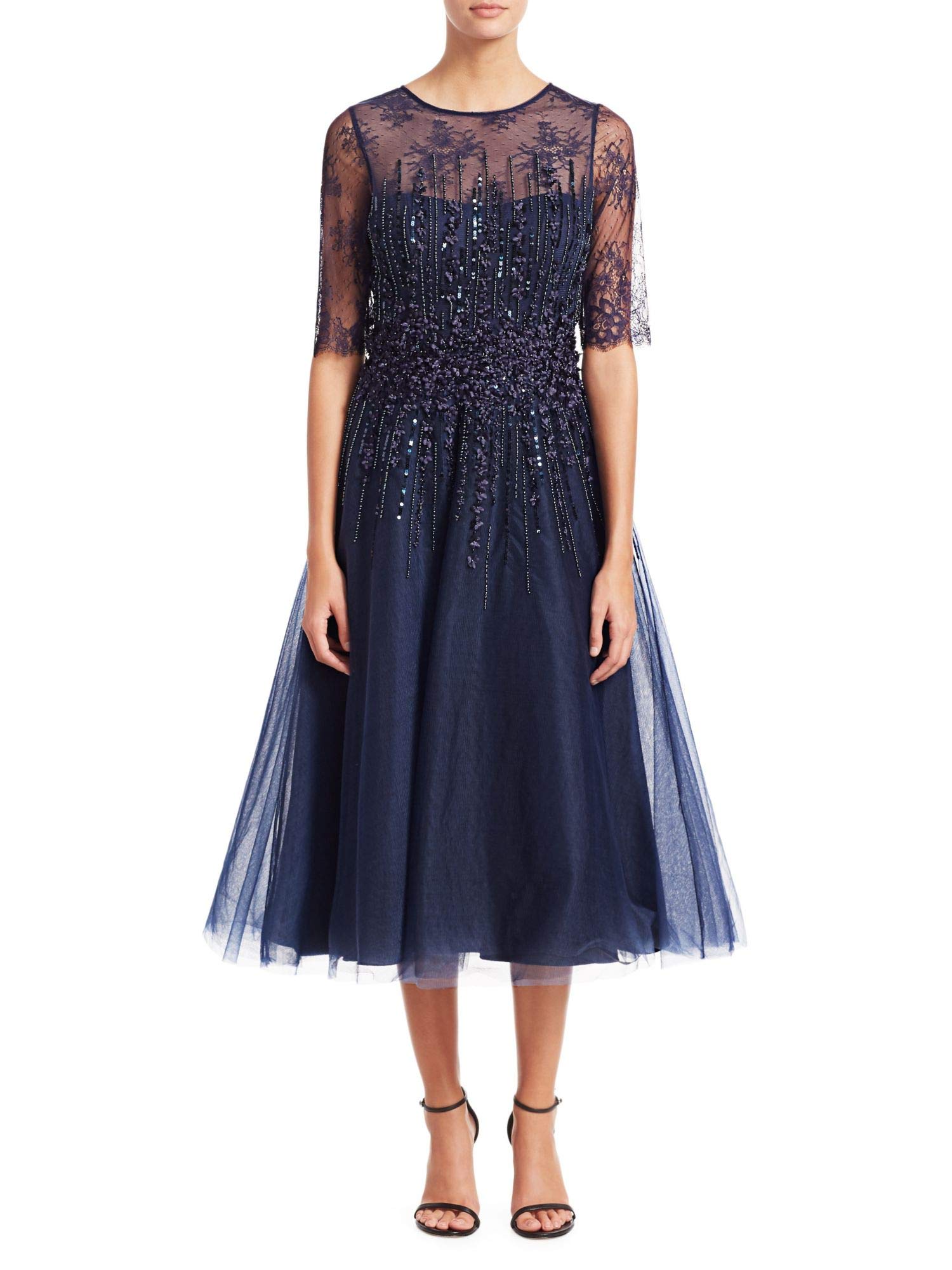 Teri Jon Floral Bead Embellished Tulle Short Sleeve Cocktail Dress