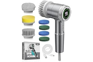 LXLU Electric Spin Scrubber, Cordless Cleaning Brush with 7 Replaceable Brush Heads, 3 Adjustable Speeds and LED Display, Power Scrubber for Cleaning Kitchen, Bathroom, Window, Sink，LXC AJH2