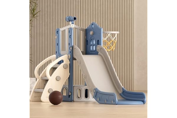 XJD 5 in 1 Toddler Slide, Kids Slide for Toddlers Age 1-3, Outdoor Indoor Playset for Toddlers with Basketball Hoop and Ball,