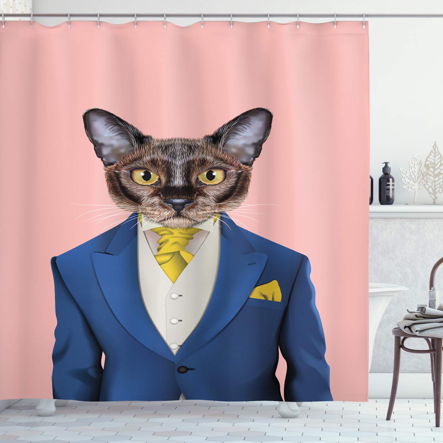 ABAKUHAUS Hipster Shower Curtain, Whimsical Portrait of a Cat in Cartoonish Suit with West and Yellow Tie, Cloth Fabric Bathroom Decor Set with Hooks, 175 x 240 cm, Blush And Multicolor