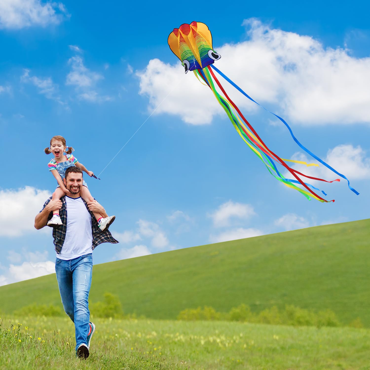Xida Octopus Kite for Kids Ages 4-8, Professional Kites for Beginners and Adults, Easy to Fly Beach Kites for Boys and Girls, Long Colorful Tail with 200ft Line, Large Kite for Outdoor Family Games