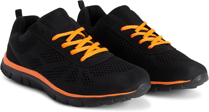 Get Fit Men’s Lightweight Cushioned Trainers - Breathable Mesh - Black/Orange -