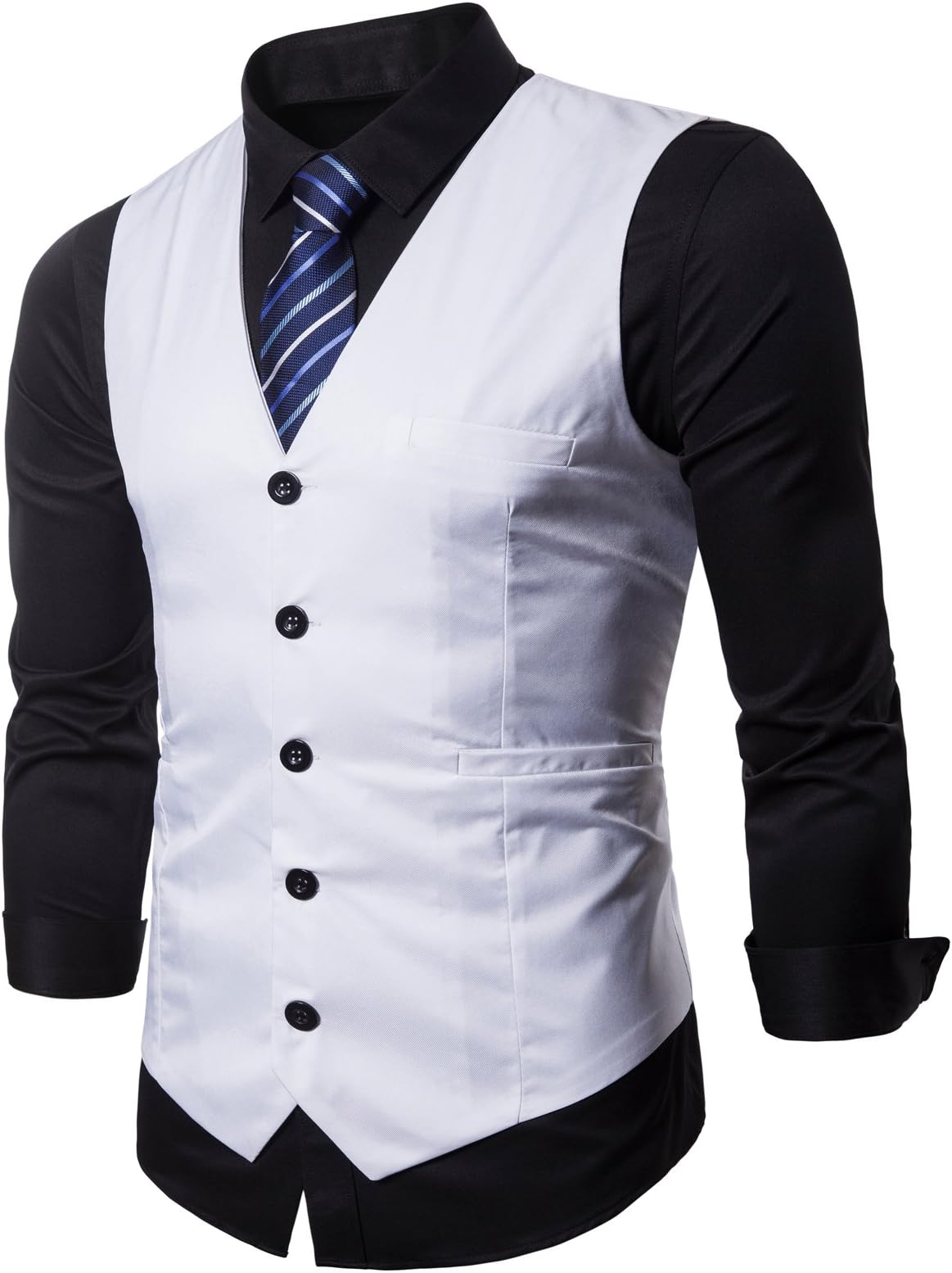 DONSON Men's Formal Business Vest Blue Striped Necktie Suit, White, Small