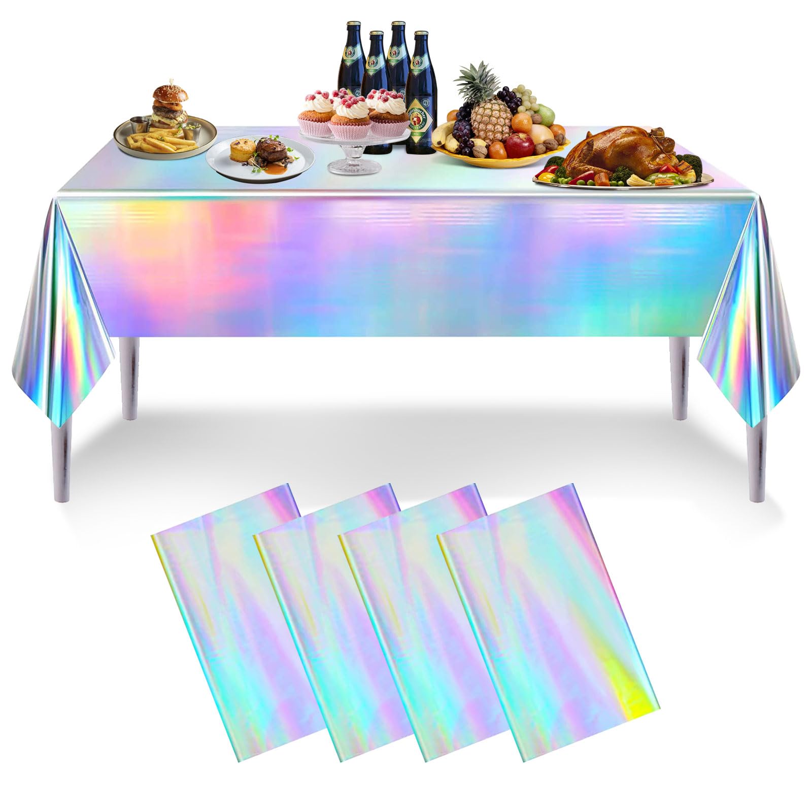 Photo 1 of Iridescent Plastic Tablecloths Shiny Disposable Laser Rectangle Table Covers Foil Tablecloth Iridescent Party Decoration Birthday Bridal Wedding Christmas (Laser, 4)