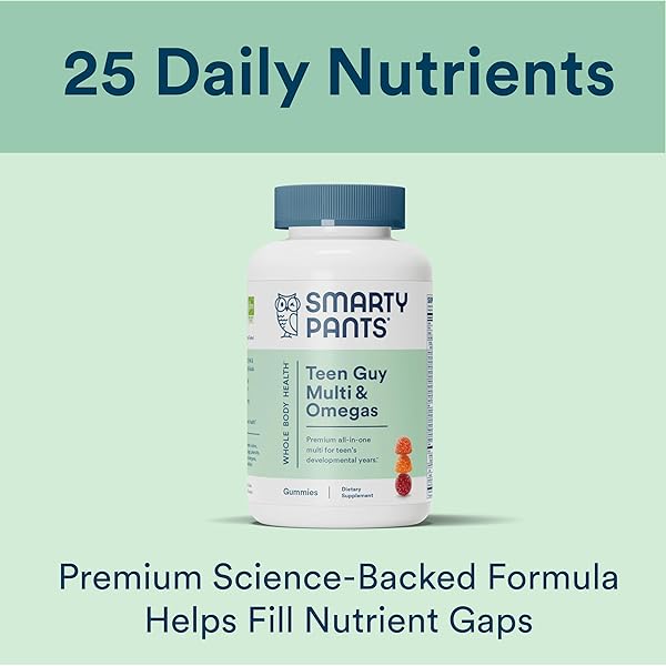 SMARTYPANTS TEEN GUY FORMULA, DAILY MULTIVITAMIN GUMMIES: VITAMINS C, B12, K, ZINC, & BIOTIN FOR IMMUNE SUPPORT, ENERGY, SKIN & HAIR SUPPORT, ASSORTED FRUIT FLAVOR, 120 GUMMIES (30 DAY SUPPLY)
