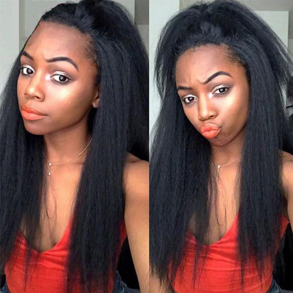 Sarahwig Natural Looking Italian Yaki Brazilian Human Virgin Hair Kinky Straight Glueless Lace Front Wigs for Black Women with Baby Hair 130% Density(Natural Black,12")