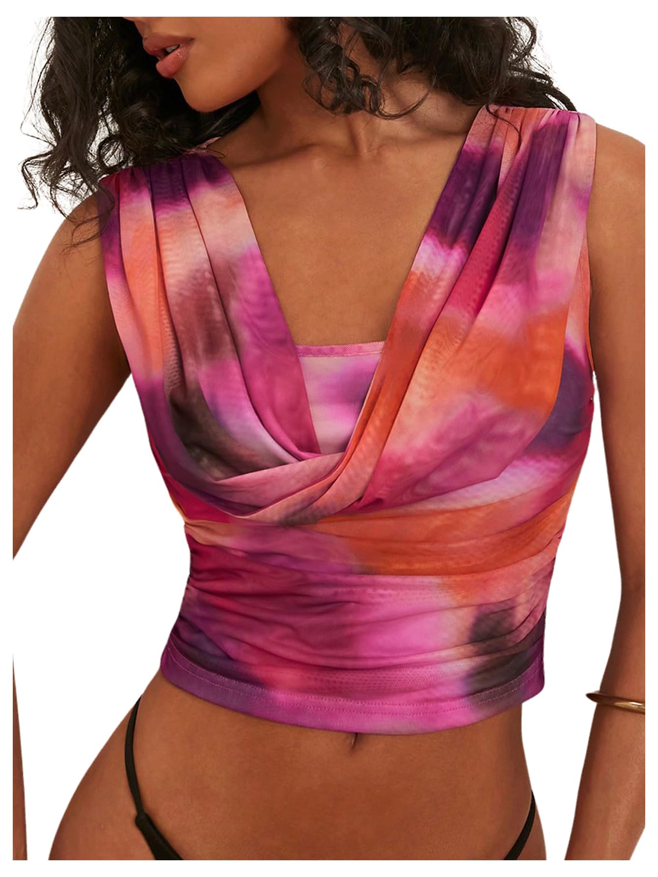 Photo 1 of MakeMeChic Women's Tie Dye Ruched Cowl Neck Sleeveless Draped Mesh Tank Top Crop Tops Pink X-Large