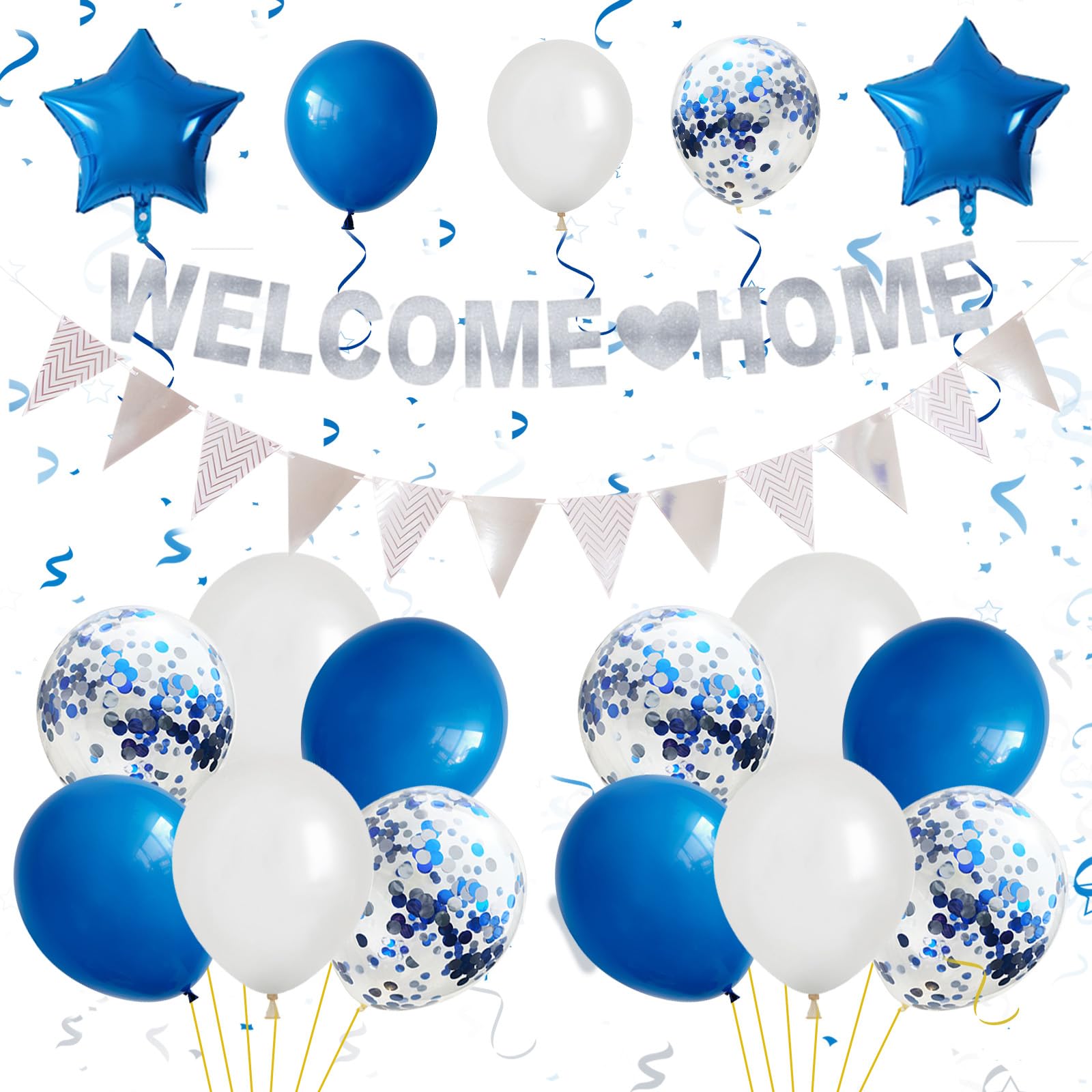 Welcome Home Decorations,Blue Silver Welcome Home Balloons Banners Set,Welcome Home Glitter Banner with Confetti Balloons,Pennant Flag Bunting for Home Family Welcome Back Party Supplies