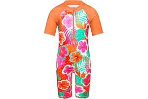 TFJH E Short Sleeve Girls Swimsuits UV 50+ One Pieces Bathing Suits Zipper 2-14Y