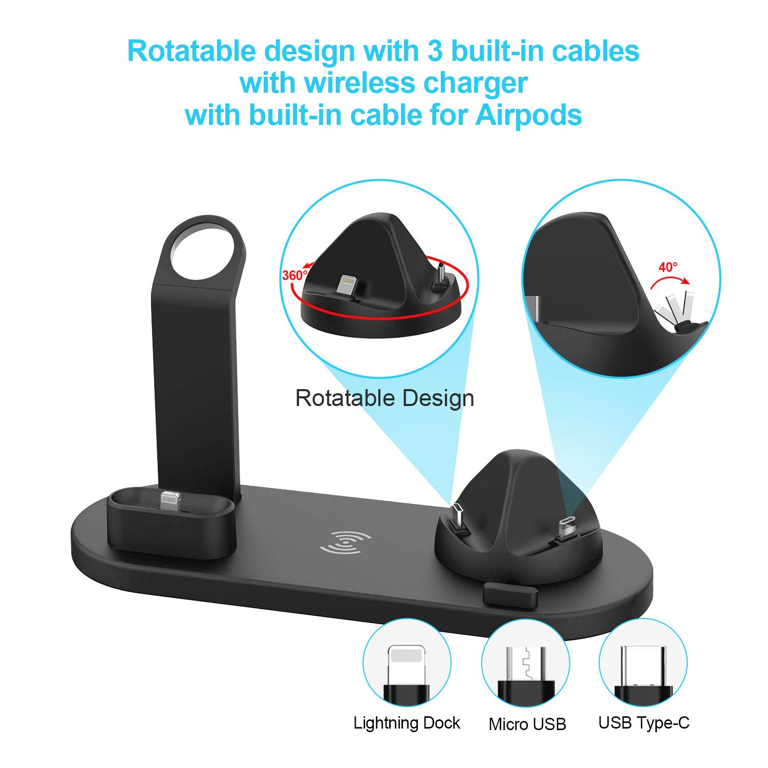 6 in 1 Wireless Charger Qi-Certified Wireless Charging Dock Compatible with Apple Watch 5 and Airpods Charging Station for iPhone 11 11 Pro X XS XR Xs Max 8 8 PlusSpace (2019 Upgrade Black)
