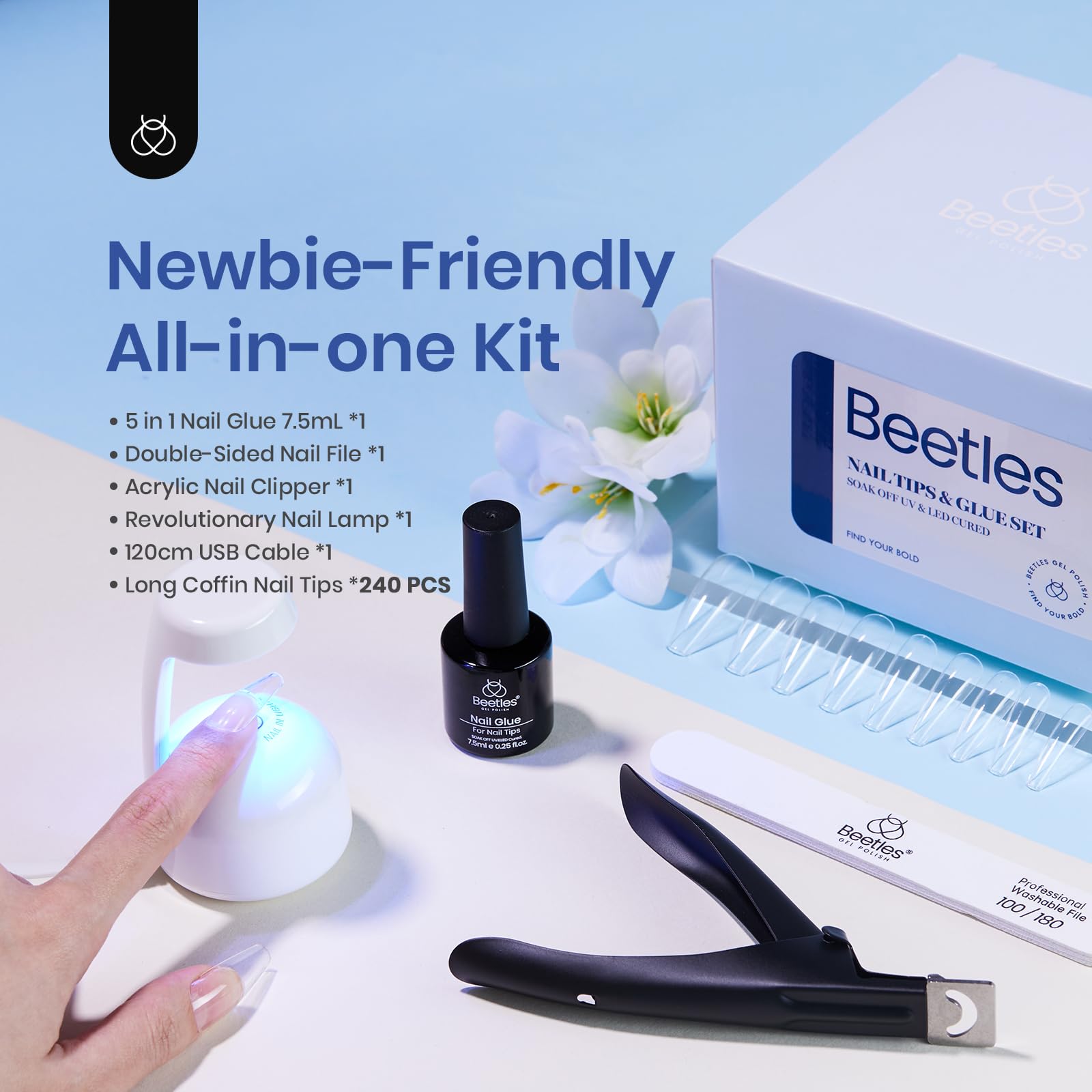 Beetles Gel Nail Kit Easy Nail Extension Set 240 PCS Pre-Shaped Long Coffin Soft Gel Nail Tips with 5-in-1 Nail Glue Base Coat & LED Nail Lamp Acrylic Nails for Nail Art & DIY Home Manicure
