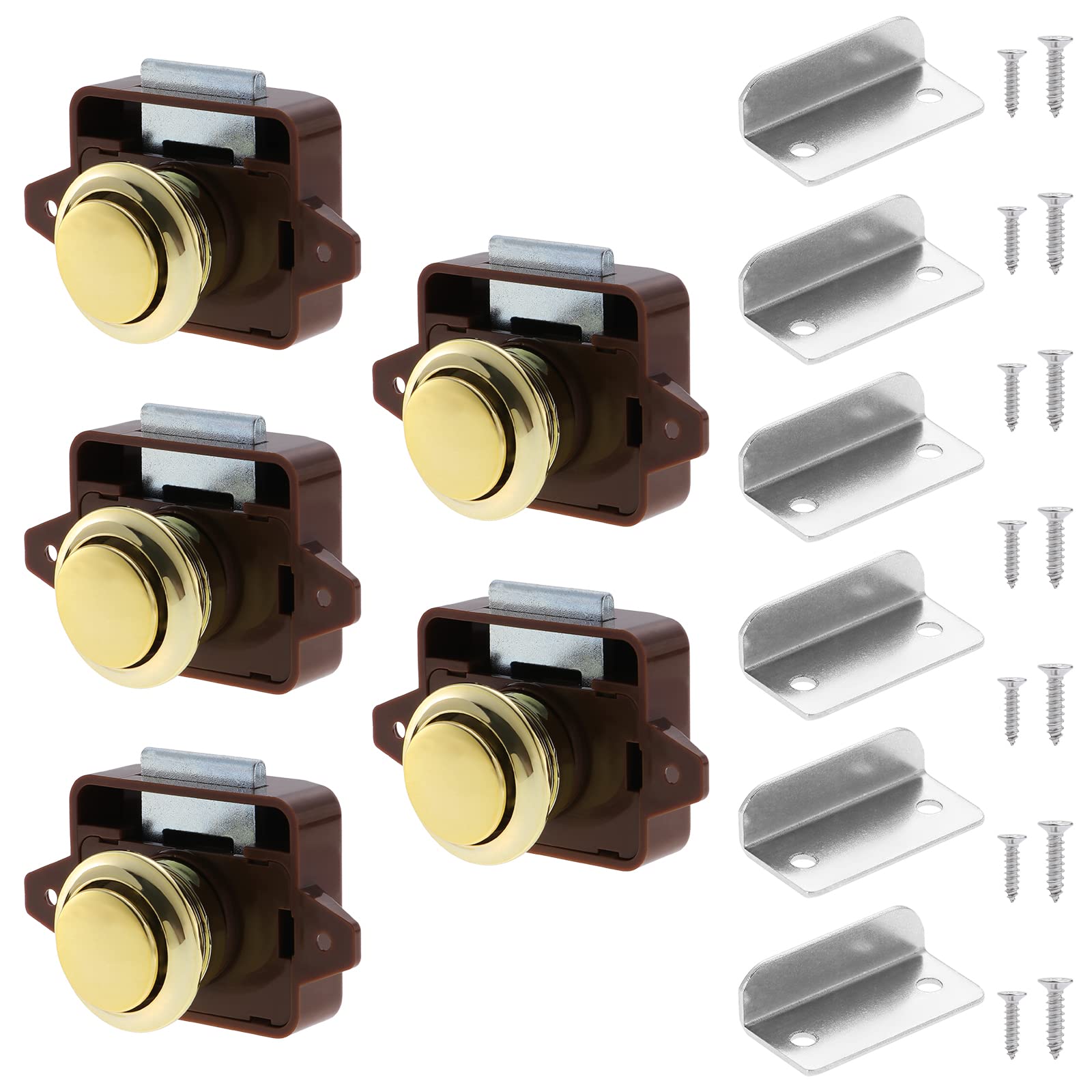 HSEAMALL 5PCS Push Button Latch Locks, Cabinet Drawer Catch Locks Cupboard Keyless Door Lock Knob for Caravan Motorhome Camper Van Boat,Brown and Gold
