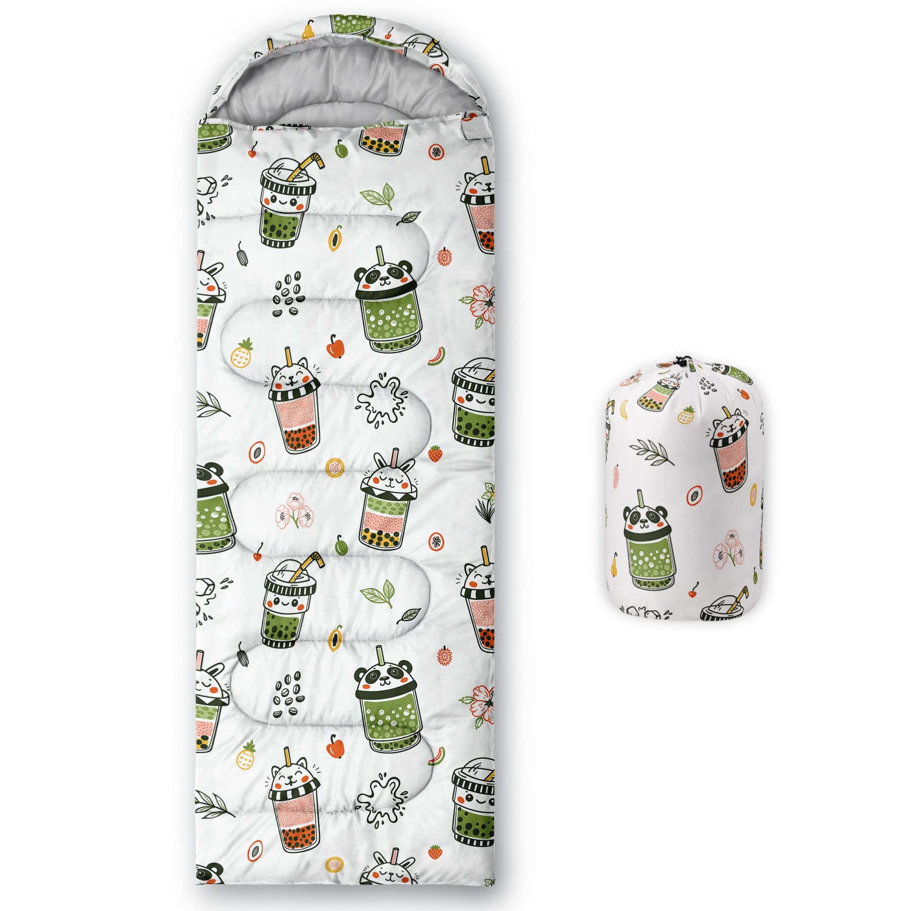 HOSIMA Sleeping Bags for Boys Girls Kids,Cute Milk Tea Printed Lightweight Warm Portable Outdoor Indoor Waterproof Cold Resistant Sleeping Bag for Camping Hiking (Milk)