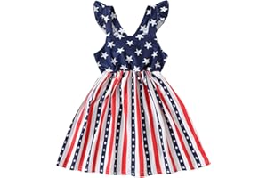 RETSUGO Girls 4th of July Dress American Flag Outfit Kids Patriotic Clothes Tie Back Ruffle Strap Sundress Flag Star Skirt