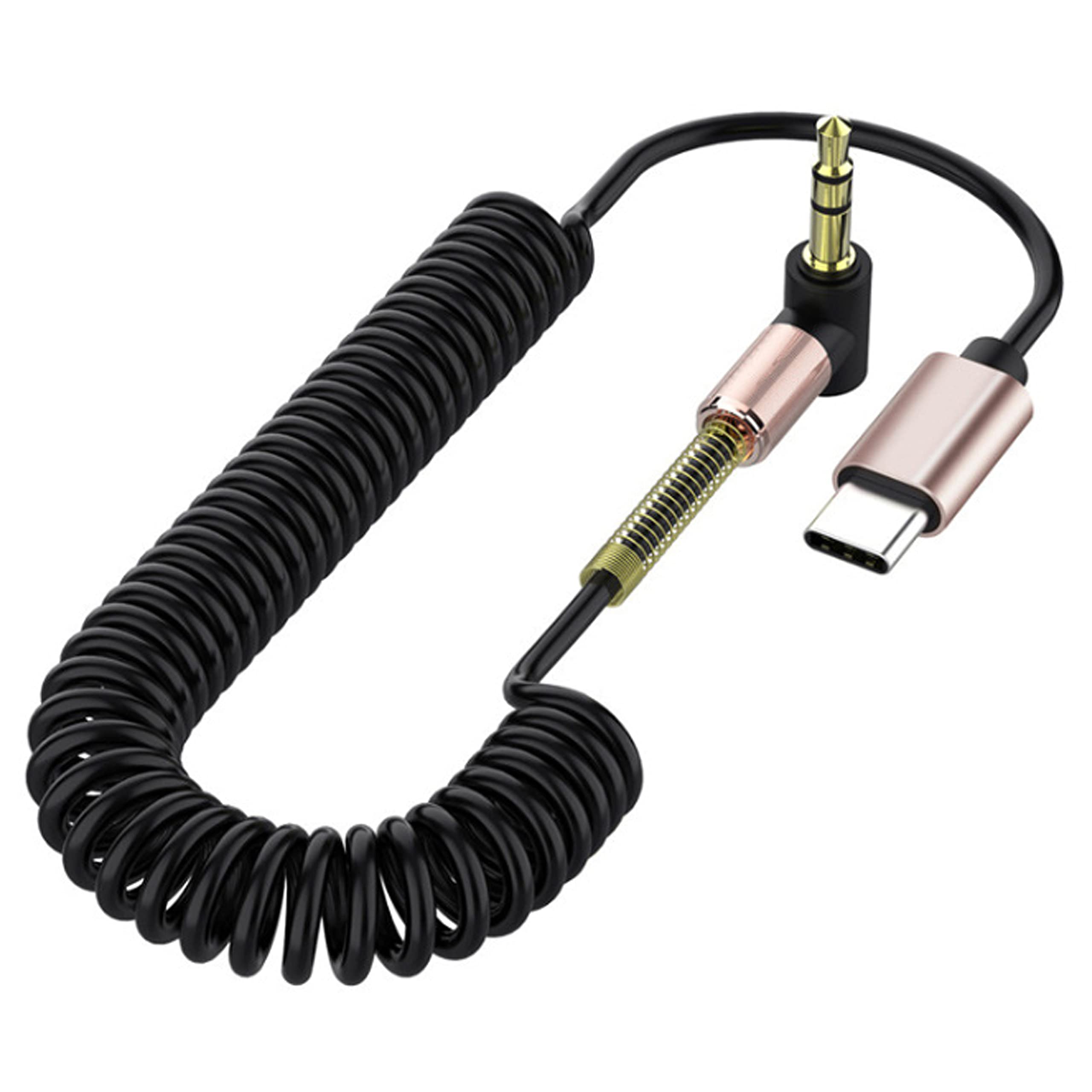 GELRHONR Coiled USB-C to 3.5mm Audio AUX Jack, 90-Degree Right-Angle Type C Spring Cable, Gold-Plated - Max 1.5M